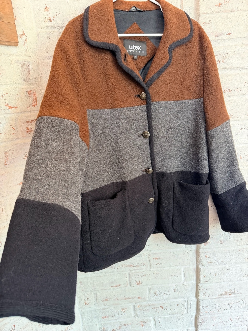 Utex Design 100% Wool Colorblock Jacket L Brown Gray Black Made in Russia - Picture 5 of 9